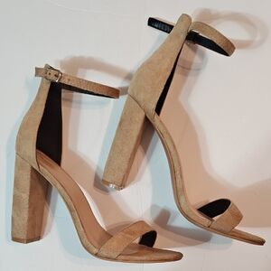 Chic Tan Suede Block Heel Sandals